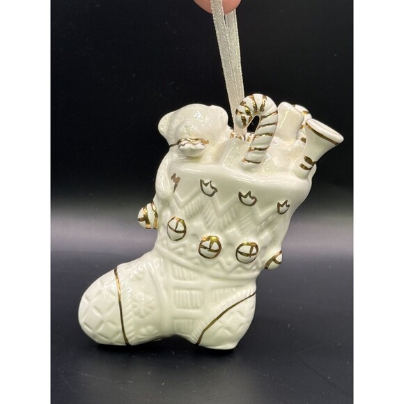 White Porcelain Christmas Stocking Ornament With Gold Accents - Picture 2 of 6